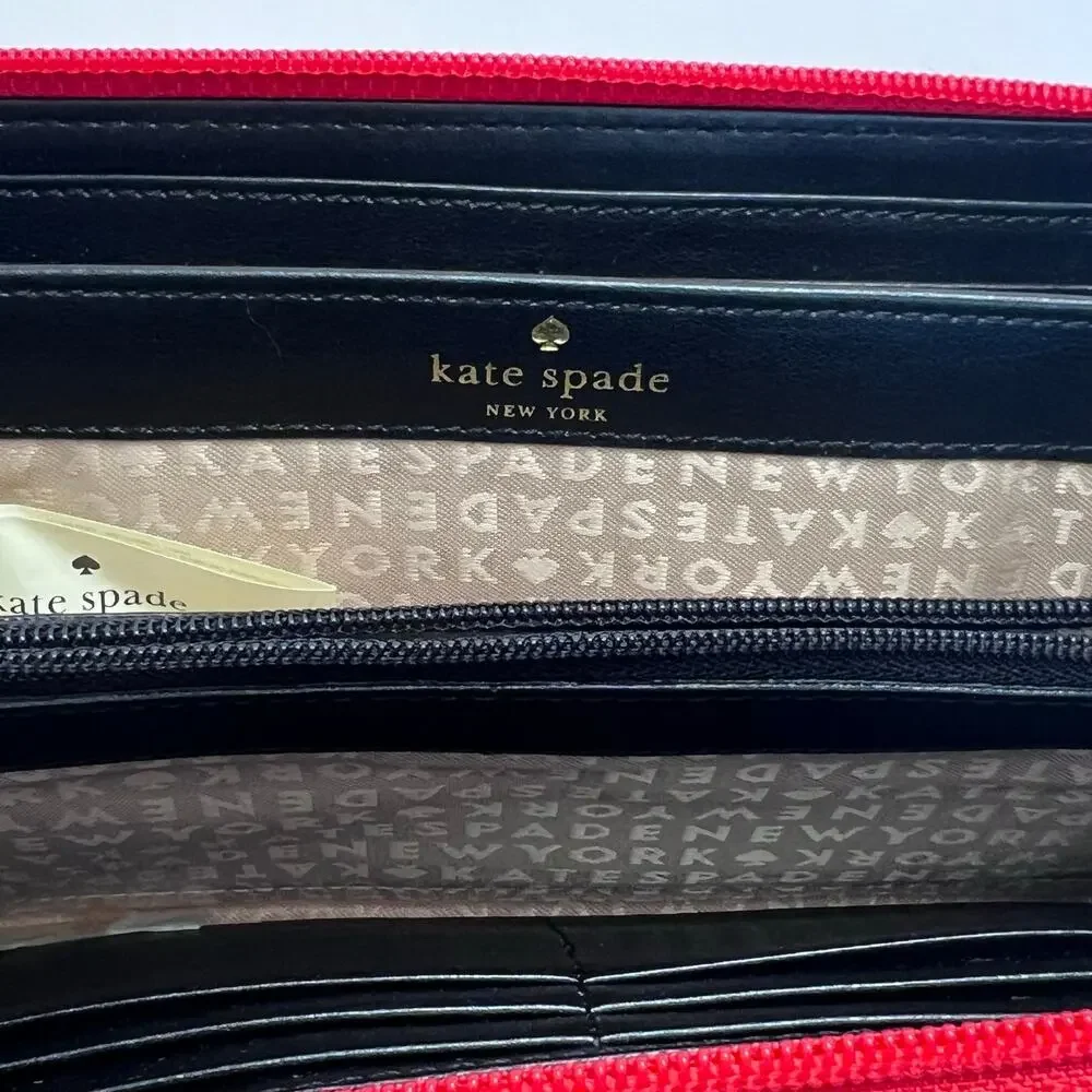 Kate Spade Red Patent Leather Embossed Spade and Circle Motif Full Zip Wallet